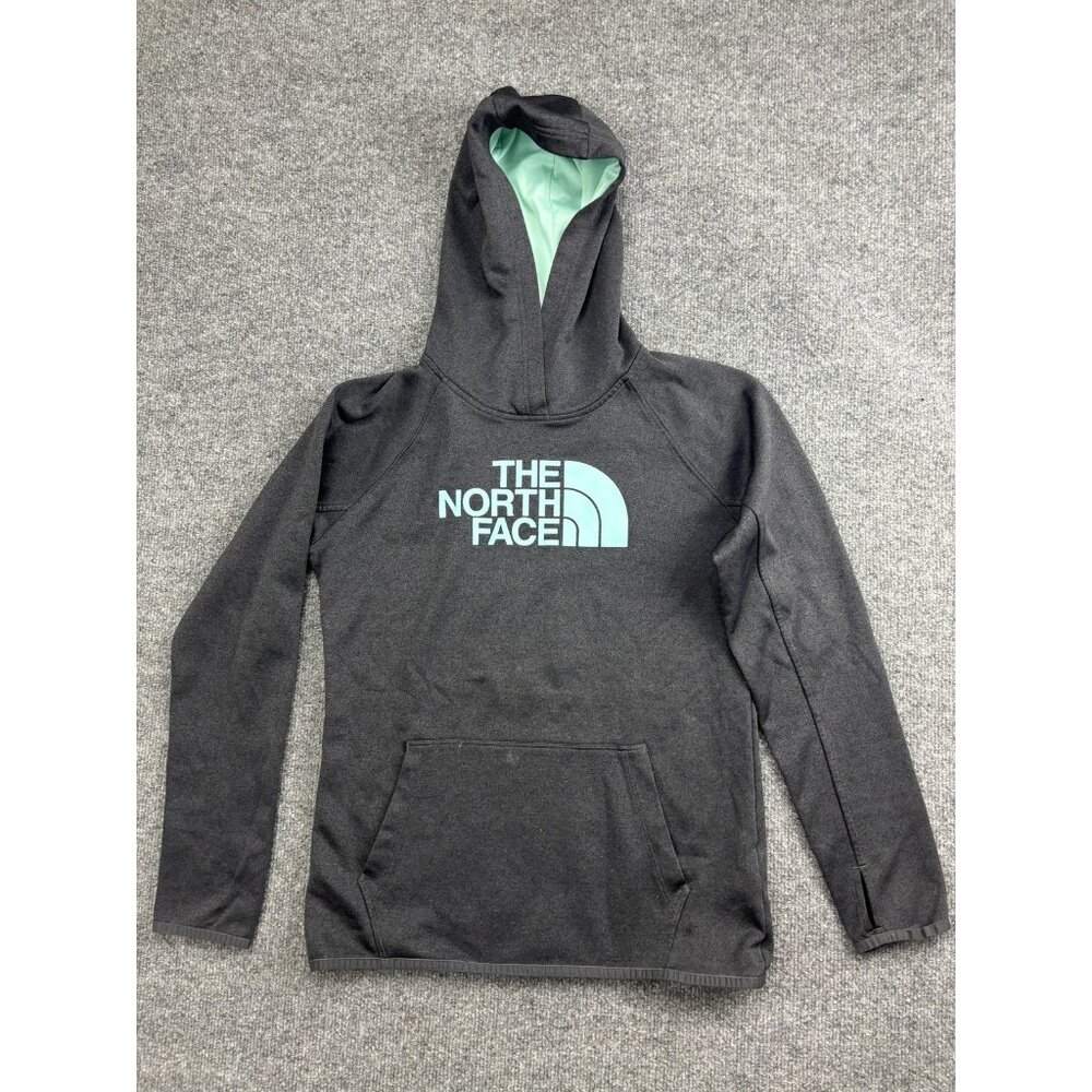 The North Face Hoodie Sweatshirt Womens Medium Gray Fleece Pullover Logo Raglan
